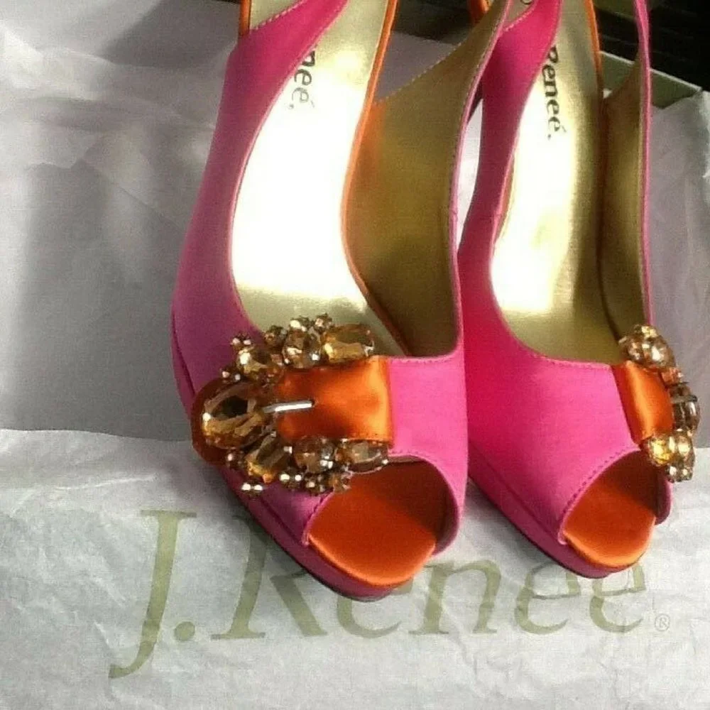brand new Pink & Orange J Renee REGINA Peeptoe Satin Shoes with Jewels in Size 8